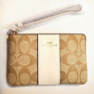 NEW Coach Corner Zip Wristlet Light Khaki Signature Canvas Chalk White Leather